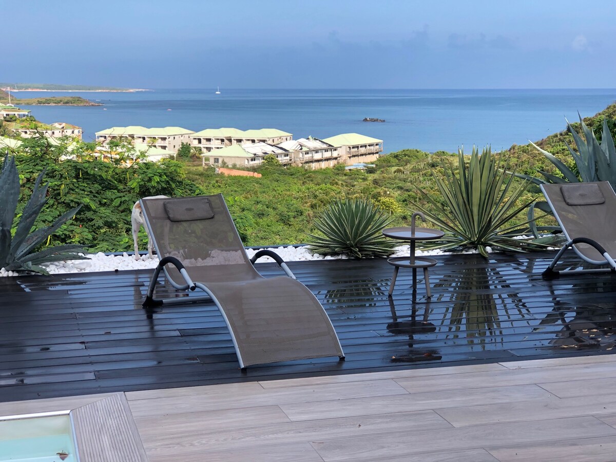 Two lounge chairs are positioned on a wooden terrace, overlooking a serene view of the Caribbean Sea. Lush green foliage and decorative plants frame the area, while a small table rests nearby, adding to the inviting outdoor space.