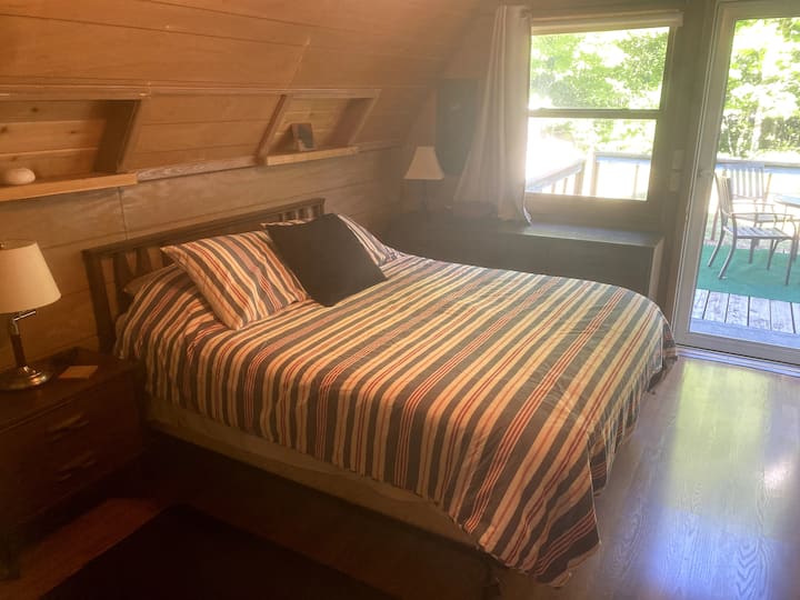 View of the master bedroom with door that leads to back patio and back yard.