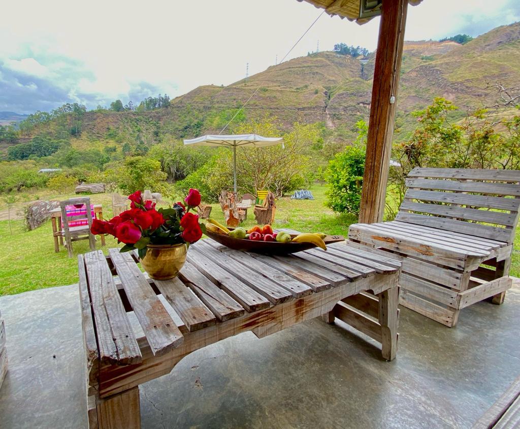 A seating area features wooden furniture with a rustic design, complemented by a vase of red roses and a bowl of bananas. In the background, a lush green landscape is visible, showcasing distant hills and a shaded area with an umbrella.
