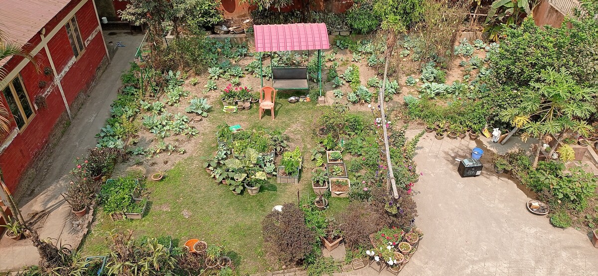 An expansive garden is filled with a variety of plants and flowers, arranged in neat rows and beds. A shaded seating area with a small table is visible under a pink canopy. Pathways made of gravel wind through the lush greenery, enhancing the tranquil outdoor space.