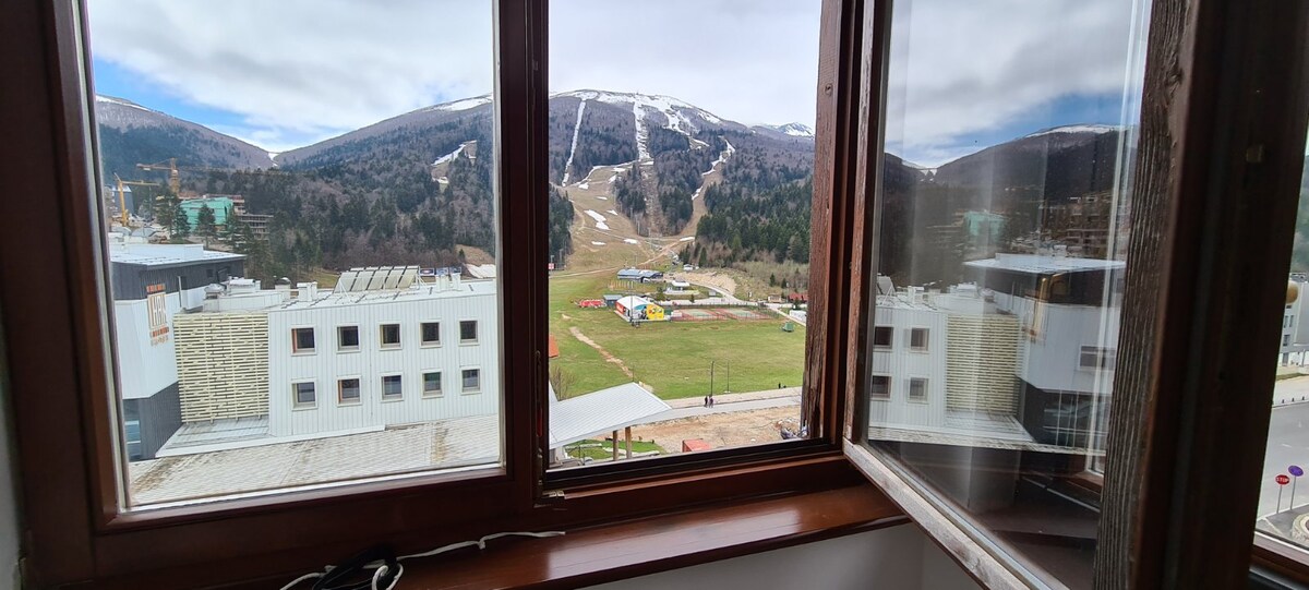 A spacious window offers a view of the surrounding mountains and ski slopes, showcasing greenery and snow-capped peaks. The exterior features various buildings and open spaces, with a pathway visible in the foreground. Natural light fills the room, enhancing the scenic outlook.