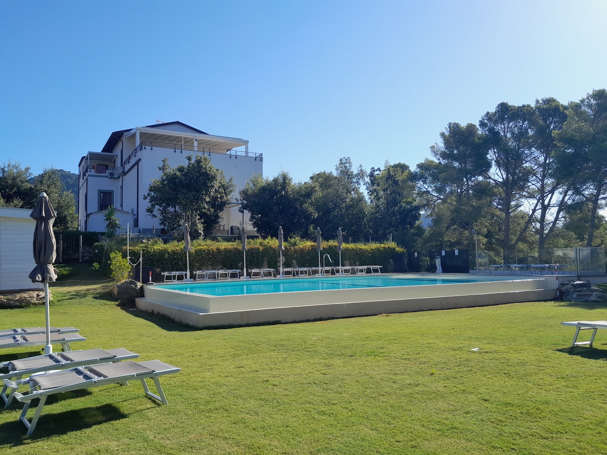 A spacious outdoor area is highlighted by a large swimming pool surrounded by well-maintained grass. Lounge chairs are arranged neatly, and trees provide natural shade in the background. A multi-story building is visible, providing a serene and open atmosphere.