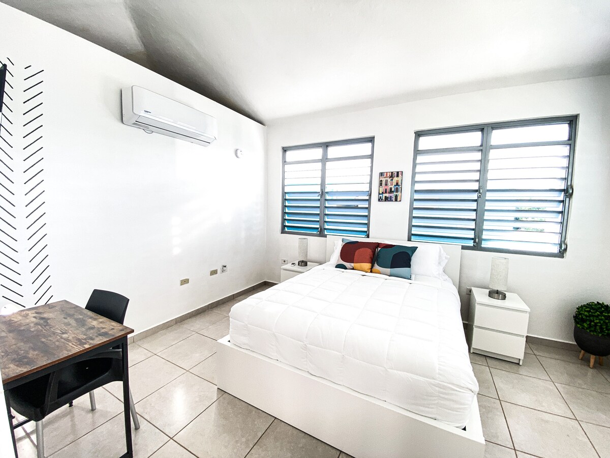 Dormitorio tamaño queen de estilo contemporáneo; incluye 4 cajones, vestidor, espacio en el armario y espacio de trabajo. 