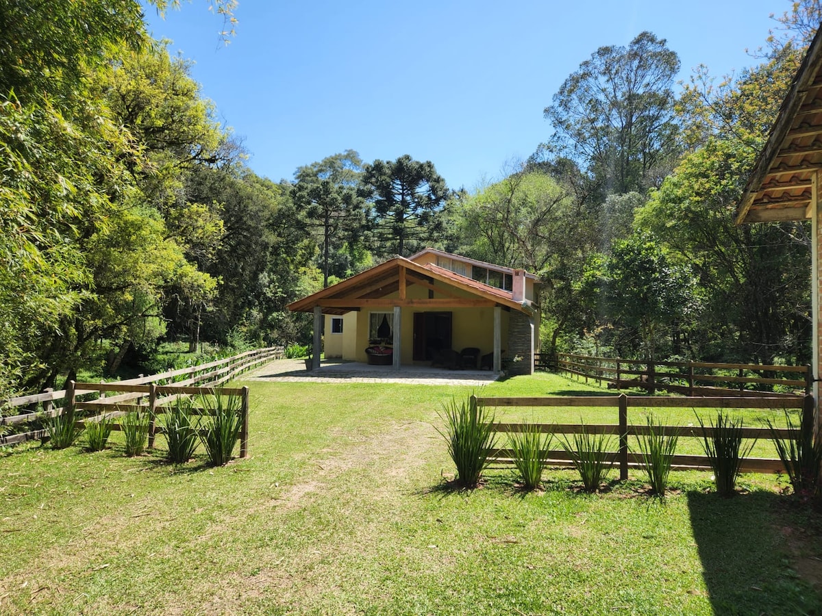 A single-story house is surrounded by lush greenery and tall trees. The structure features a broad overhanging roof and a welcoming porch area. A well-maintained lawn and wooden fences frame the property, creating a serene outdoor environment.