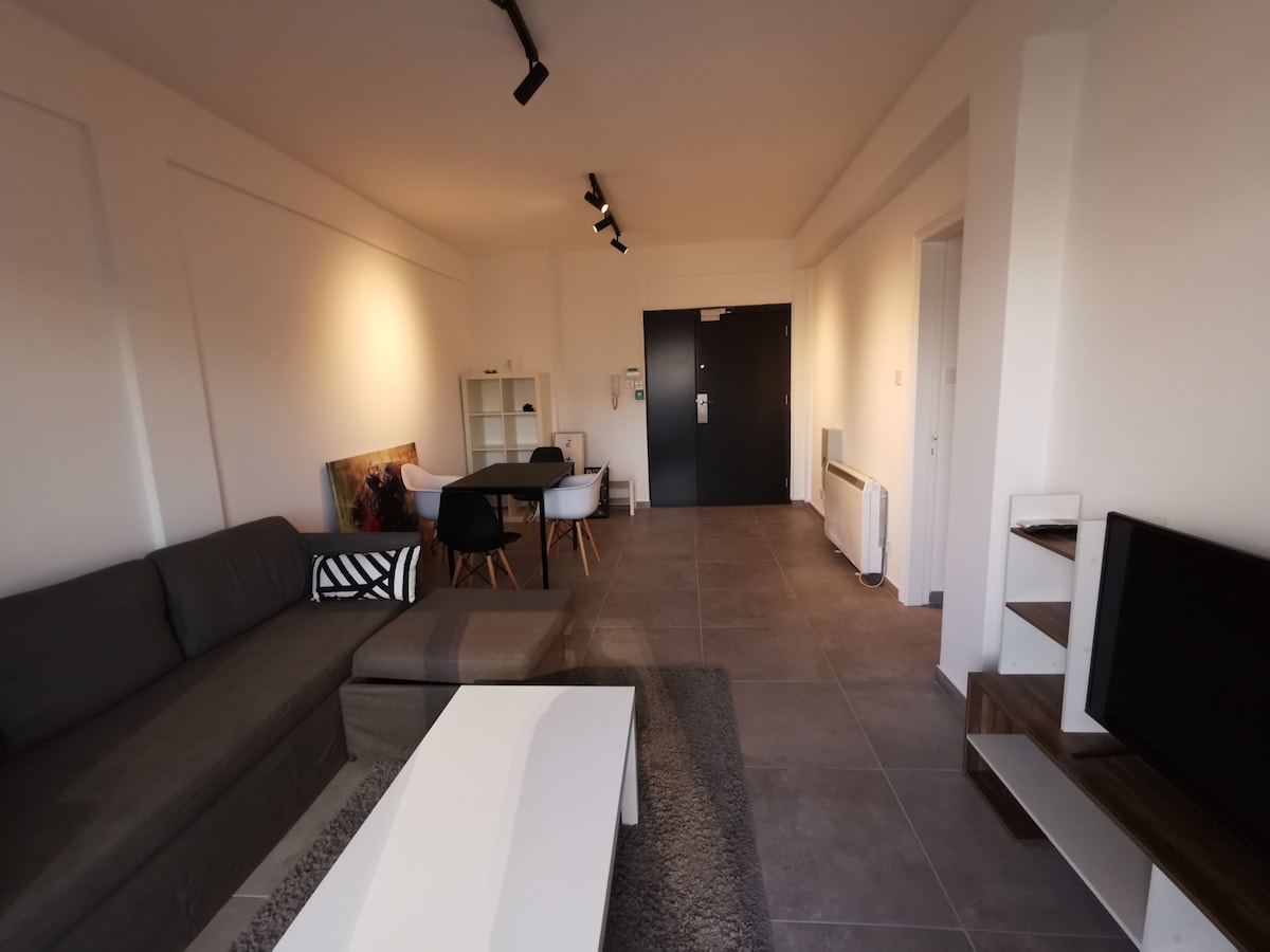 A spacious living area features a gray sectional sofa and a white coffee table. Four dining chairs surround a light wood dining table. The entrance is visible, leading to a door with a large black panel, complemented by a small bookshelf and a modern television stand.
