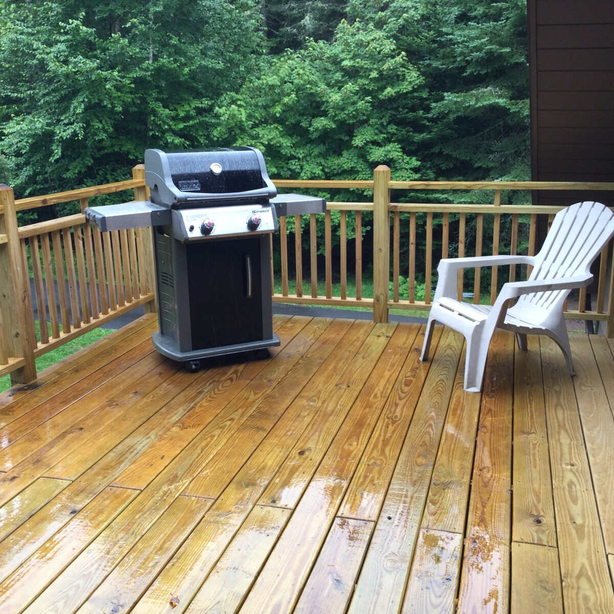 A wooden deck is showcased with a gas grill positioned prominently. A single white Adirondack chair sits nearby, offering a place to relax. Lush green trees surround the area, with the deck's surface reflecting moisture from recent rain.