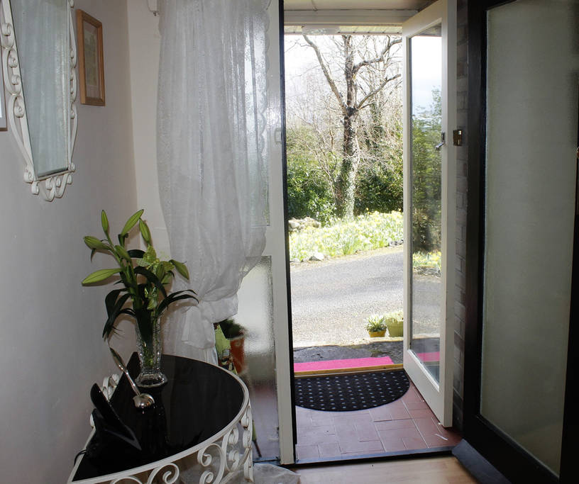 An entrance area is visible, featuring a decorative mirror above a black console table with a potted plant. A large glass door opens towards an outdoor view of greenery. A patterned mat lies at the entryway, complementing the bright and welcoming atmosphere.