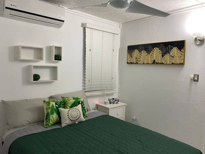 Bedroom, queen size bed, Full mirror closet doors. Also for your convenience NO extra charges you will have available an Iron, Iron board and Hair Blower & Two beach towels with a beach bag. 