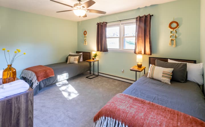 Bedroom Two - Two Twin Beds- Fan - Closet - Dresser - End Tables With Lamps