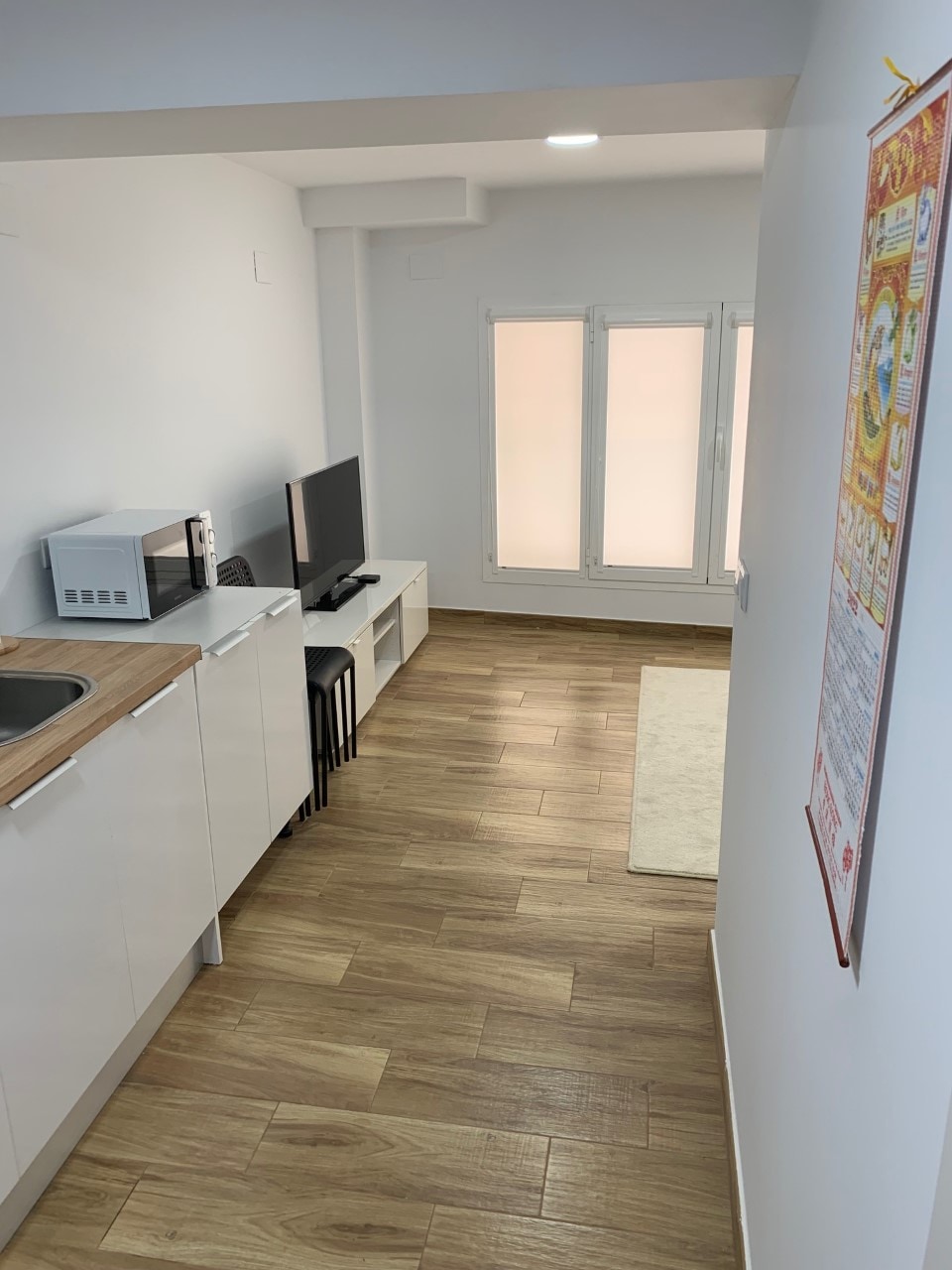 A modern kitchen area is visible, featuring a compact sink, microwave, and television on a low cabinet. A light-colored rug is placed on the wooden floor, and two large windows allow natural light to illuminate the space. The walls are painted in a clean white.