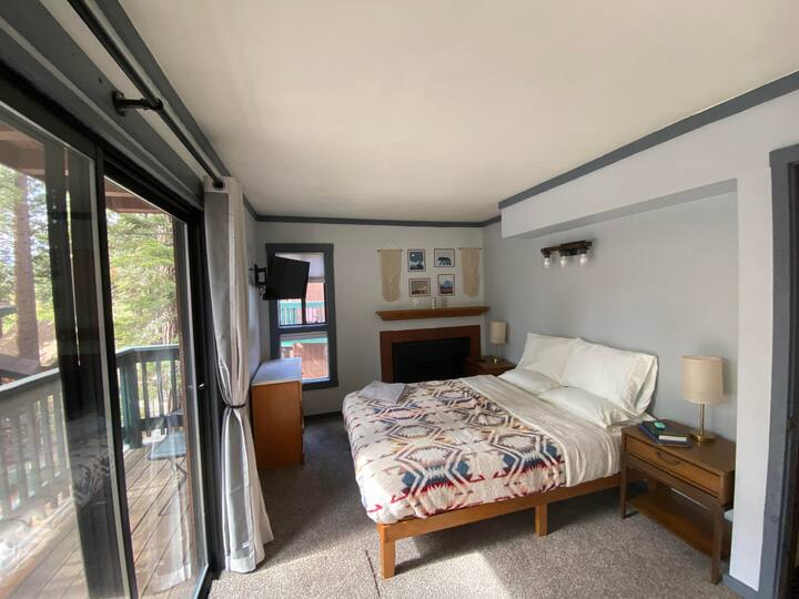 Larger bedroom with fireplace and deck