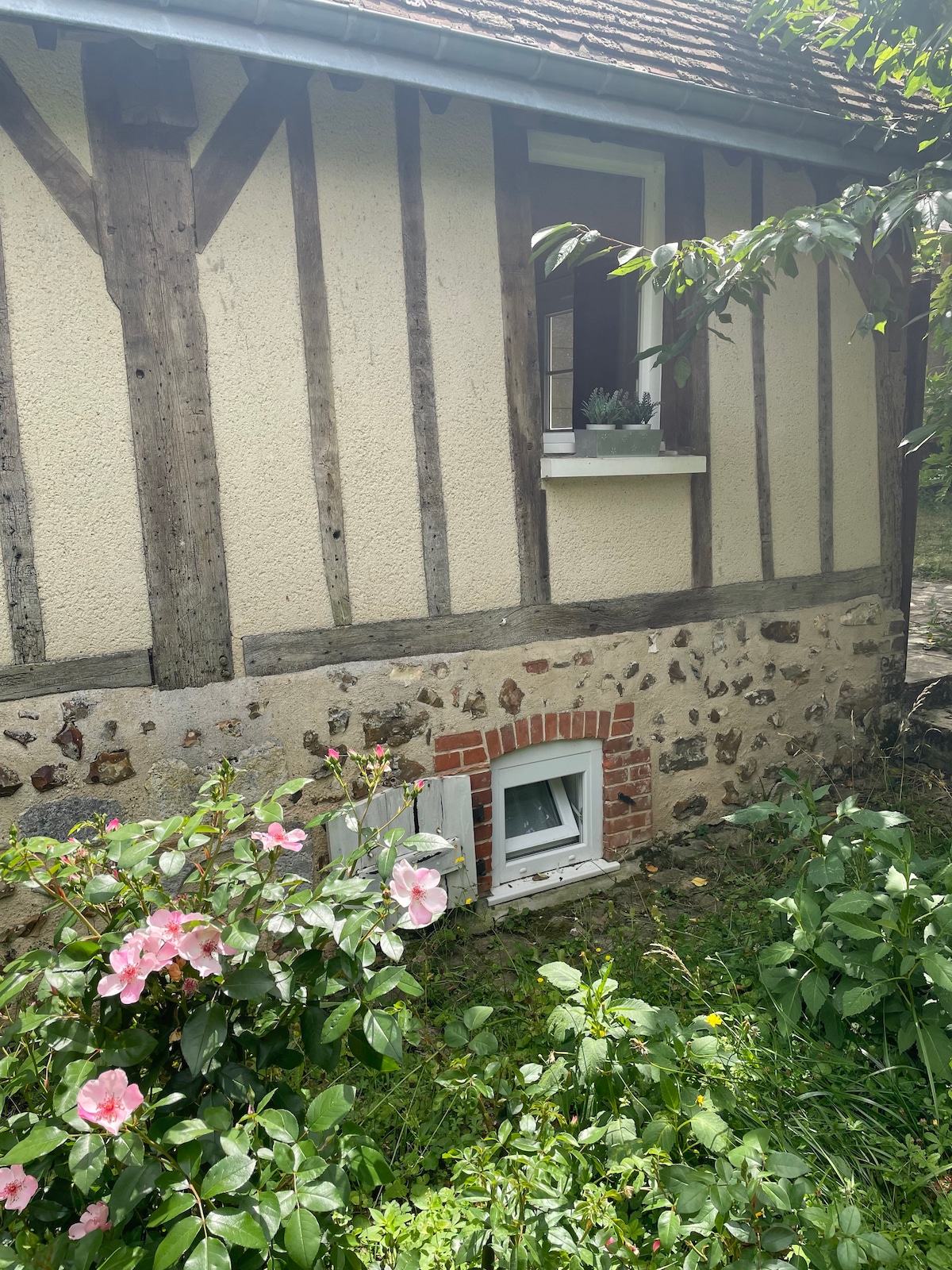 The exterior of the house is depicted, showcasing a charming combination of natural stone and plaster. A small window framed in wood allows light to enter. Lush greenery and vibrant pink flowers enhance the tranquil outdoor setting.