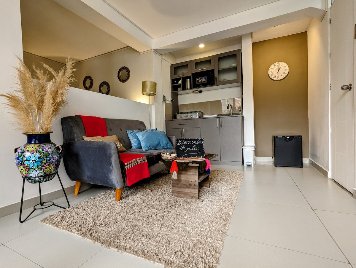 A living area features a comfortable sofa draped with a red throw, positioned on a soft, light-coloured rug. A small wooden table sits in front, complementing the modern kitchenette in the background, where kitchenware is neatly arranged. Natural light brightens the space, creating an inviting ambiance.