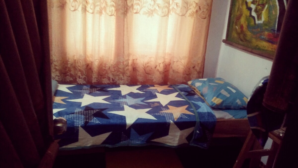 A cozy bedroom features a bed adorned with a star-patterned blanket. Natural light filters through sheer curtains, creating a warm ambiance. A colorful wall art piece adds character, while the space is designed for comfort and relaxation.