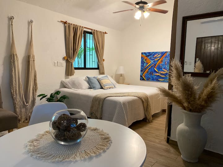 Casita ni studio tofauti ndani ya nyumba ya kujitegemea iliyofungwa.  Inajumuisha kitanda cha kifalme, bafu kamili, chumba cha kupikia, na sehemu nzuri ya kulia chakula na sebule iliyo na televisheni kubwa.