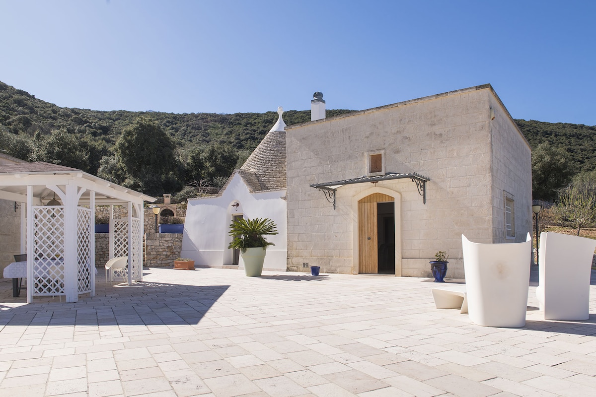 A spacious outdoor area features a well-maintained stone patio. The trulli are visible in the background, while modern seating arrangements invite relaxation. Lush greenery is seen in the surrounding hills, creating a tranquil setting under a clear blue sky.