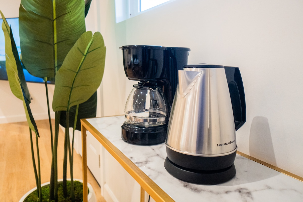 A coffee maker and a kettle are displayed on a marble-topped surface. Behind them, a large green plant adds a touch of nature to the space. Natural light enters through a nearby window, enhancing the clean and modern aesthetic.