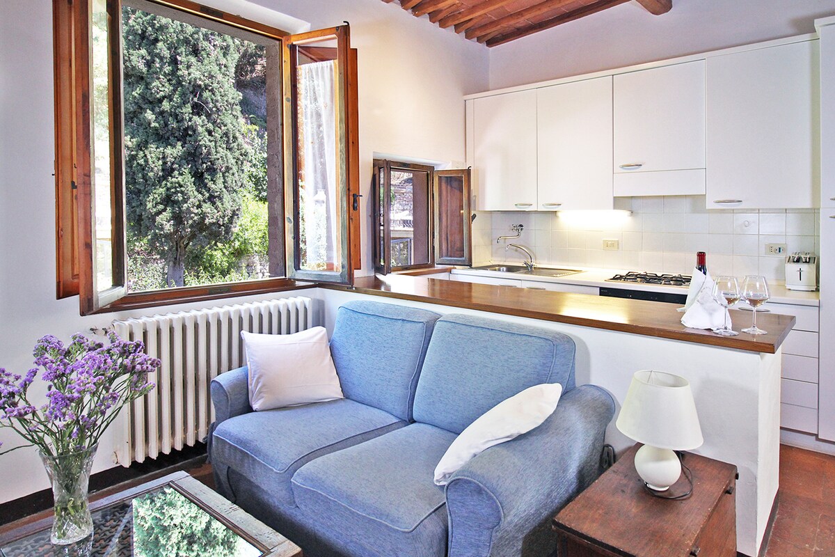 A cozy living area features a light blue sofa complemented by a neutral throw pillow. Natural light enters through two wooden windows, revealing views of greenery outside. A small glass-top table sits beside a soft lamp and a vase of fresh flowers on the coffee table.