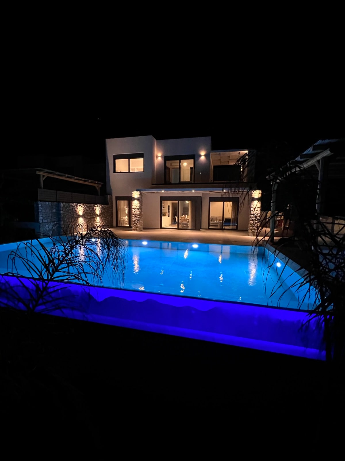 The villa is illuminated at night, showcasing a spacious outdoor area with a large swimming pool glowing in blue hues. The two-story structure features multiple large windows and a patio that invites views of the tranquil setting.
