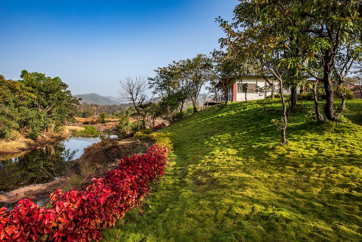 A well-maintained garden showcases a vibrant array of foliage, with a lush green lawn sloping gently towards a tranquil river. The countryside cottage is positioned amidst nature, offering a peaceful setting with distant hills visible under a clear blue sky.