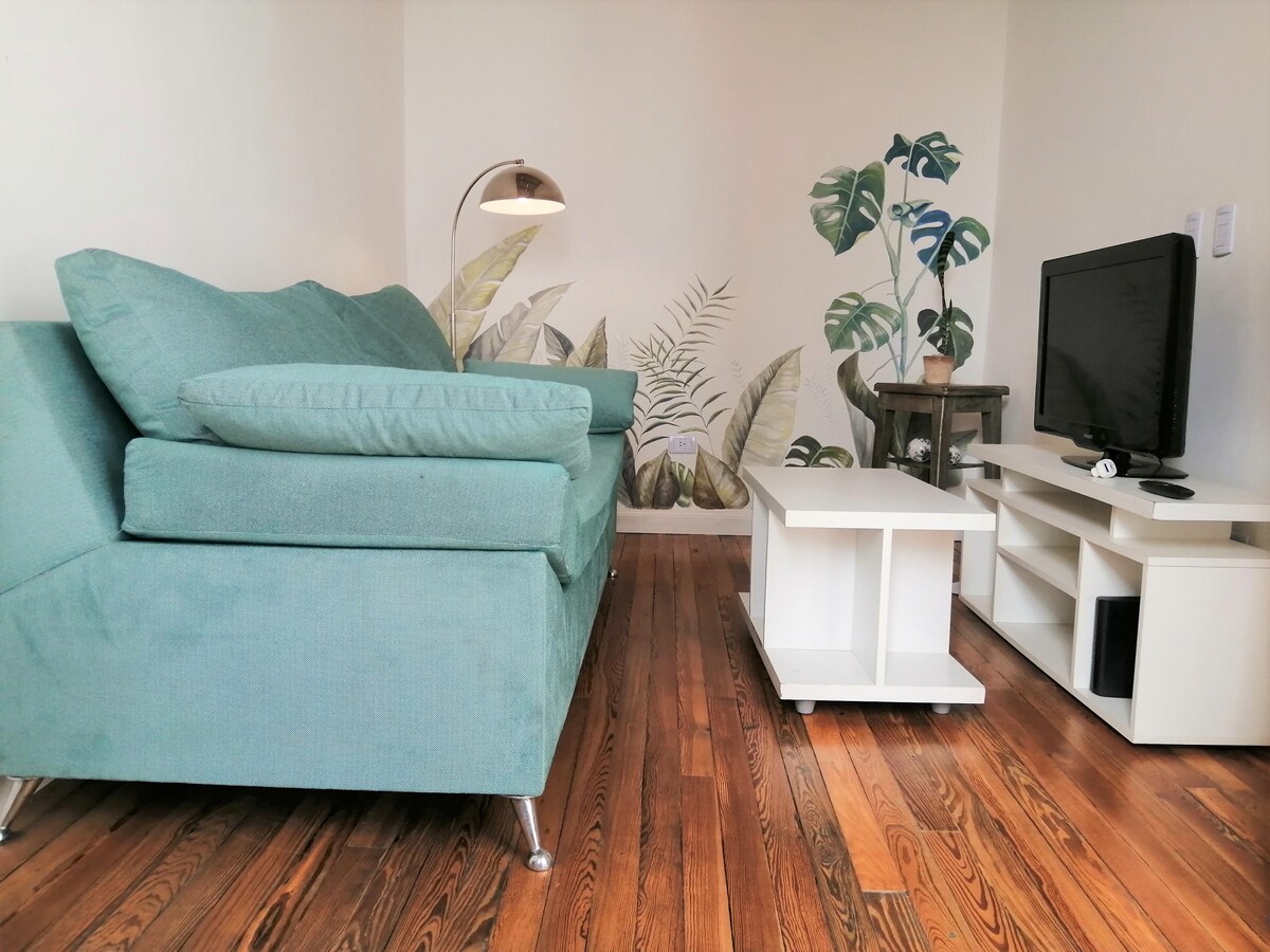 Sebule inasimama kwa ajili ya mwangaza wake na kwa mchoro wa ukuta ambao una moja ya kuta zake. Ina kitanda kizuri cha sofa, TV na mapambo ambayo yanachanganya mambo ya kisasa na ya kawaida.