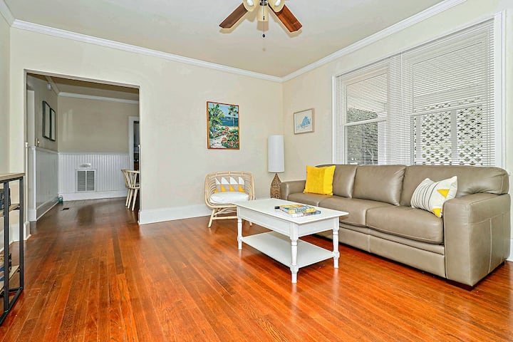 Original wood floors over 100 years old.  Bright, cheery living room with lots of natural light and pull-out sleeper sofa