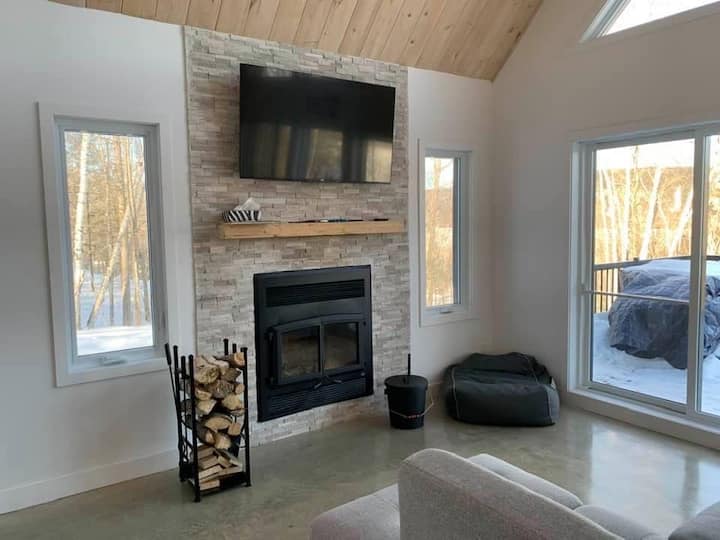 Wood fireplace with smart TV including Netflix for free. Wood is included