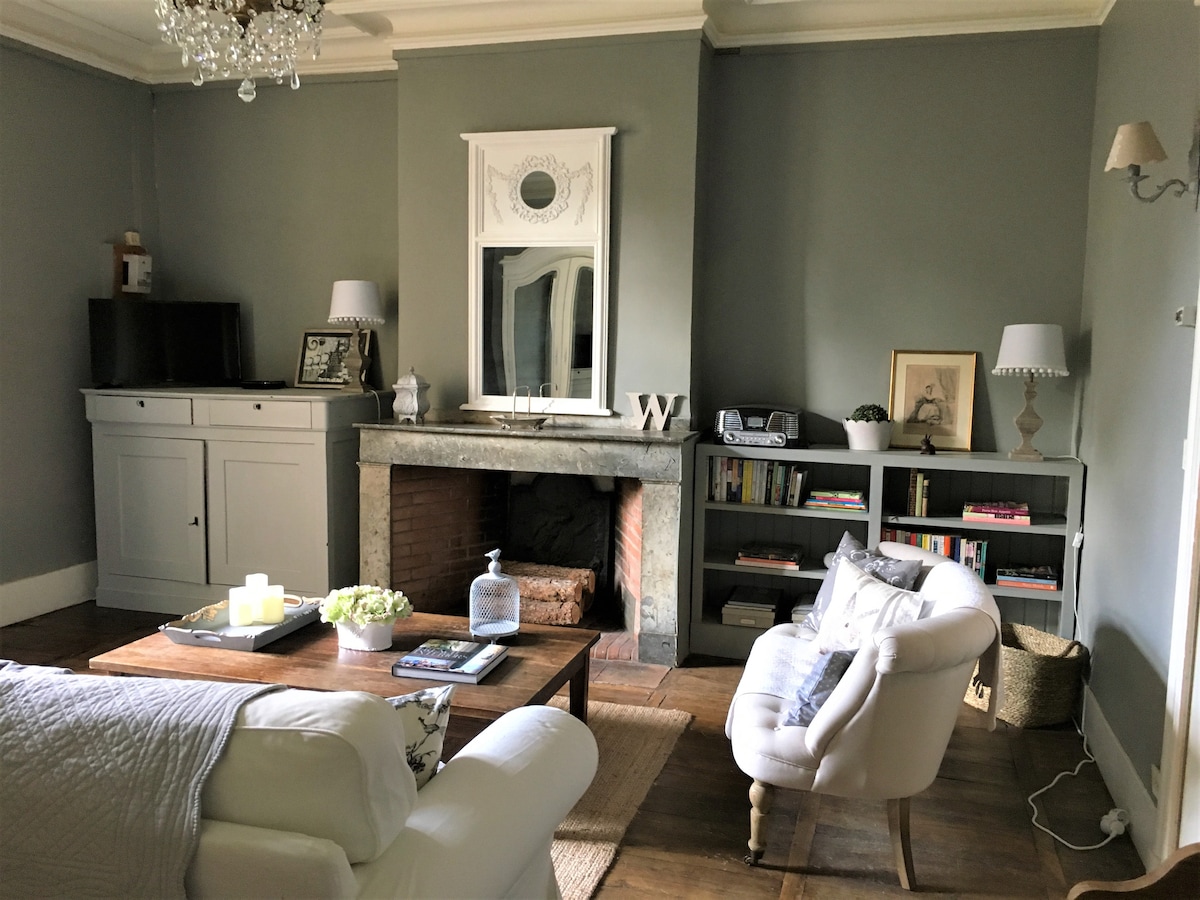 A living room is presented with a neutral grey wall and features a fireplace framed in stone. Cozy furniture includes a white sofa and an armchair, accompanied by a wooden coffee table. Shelves hold various books, and a television is placed atop a cabinet.