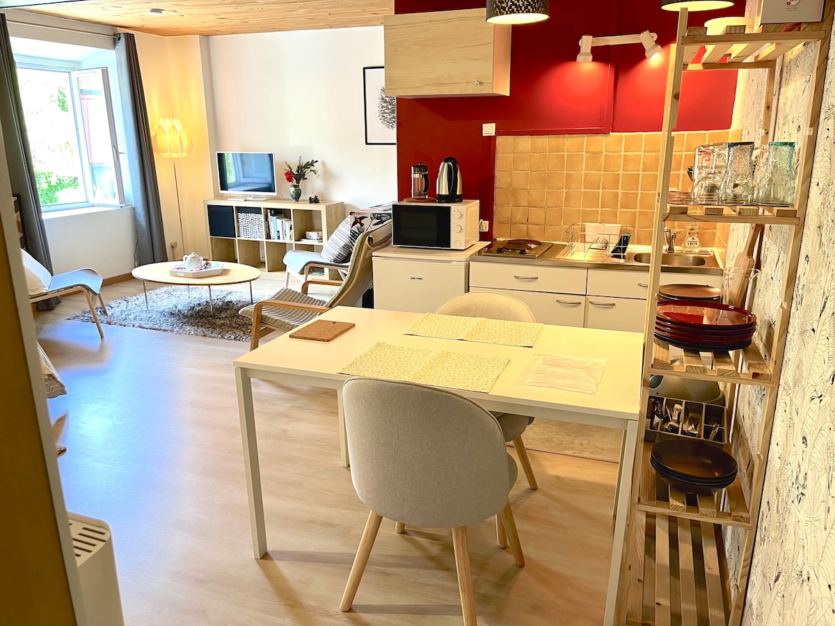 A well-organized studio space is presented, featuring a cozy seating area with a soft rug and modern armchair. A dining table with two chairs sits prominently. The kitchen is equipped with a microwave and kettle, while a window allows natural light to fill the room.