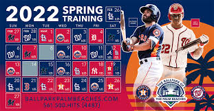 A colorful calendar highlights the 2022 spring training schedule for baseball teams, featuring team logos and player images. Various dates are marked, indicating games, with an attractive design that includes palm trees and vibrant colors typical of the Florida sun.