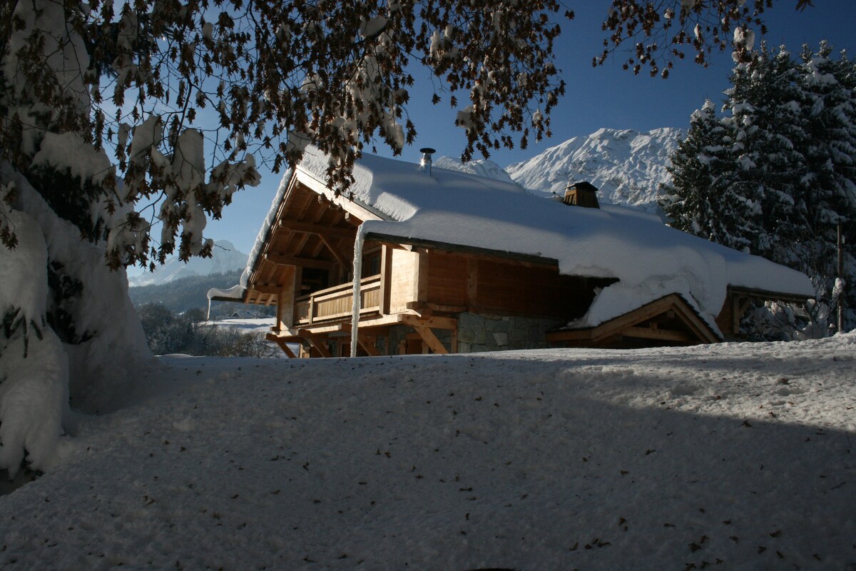 A wooden chalet is nestled in a snowy landscape, showcasing a sloping roof blanketed in white. Surrounding snow-covered ground enhances the serene atmosphere, with distant mountains visible under a clear sky. Tree branches frame the image, adding a natural element to the winter scene.