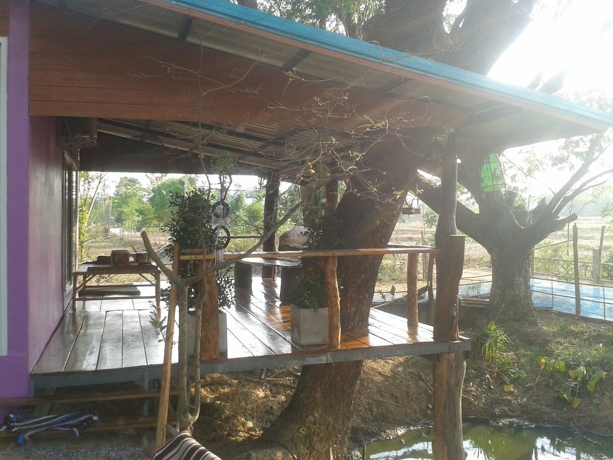 An elevated wooden terrace is seen, featuring beams and railings that harmonize with surrounding trees. A tranquil view of nature is visible, including rice fields in the distance. The areas beneath the roof provide shaded seating options, while natural greenery enhances the peaceful atmosphere.