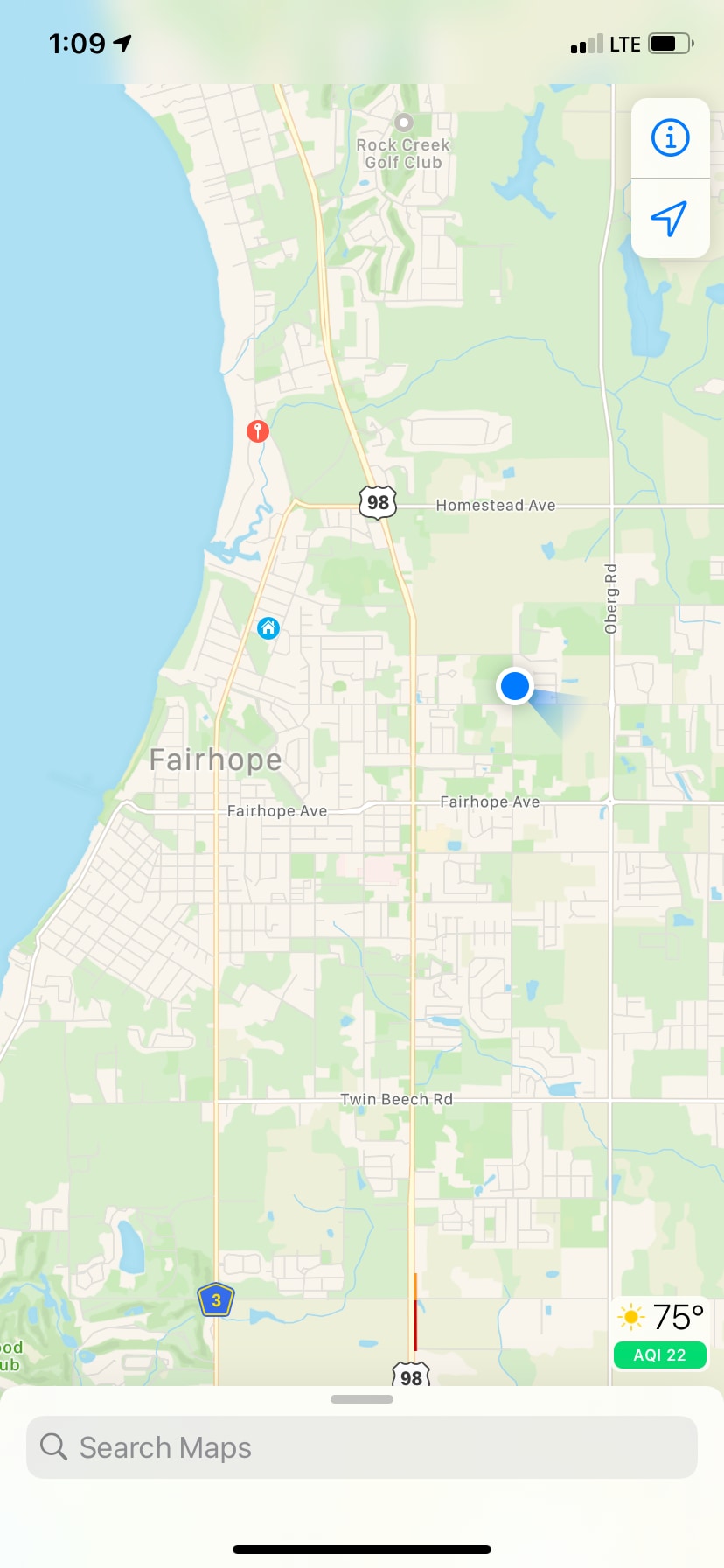 A map highlighting Fairhope, Alabama, showcases geographic landmarks, including nearby beaches and waterways. The area is marked with various points of interest and roads, illustrating an easy route to local amenities and attractions.