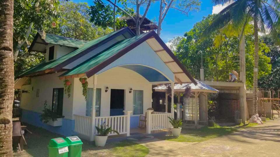 A charming house features a sloped roof with a combination of green and light blue accents. The front porch is adorned with potted plants, and large windows allow natural light to enter. Lush greenery surrounds the exterior, creating a serene atmosphere.