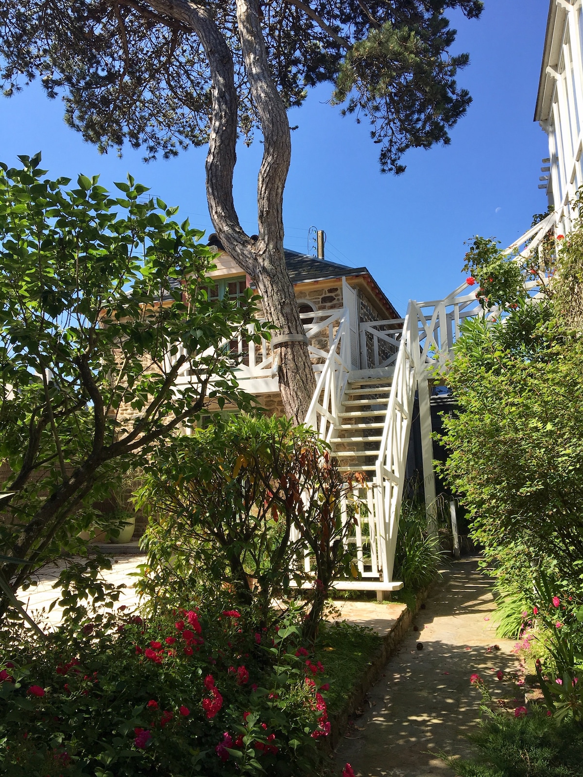 A charming external view of a stone house is framed by lush greenery and flowering bushes. A white staircase leads to a balcony, while a tall tree shades the area. Bright blue skies create a serene atmosphere for the inviting outdoor space.
