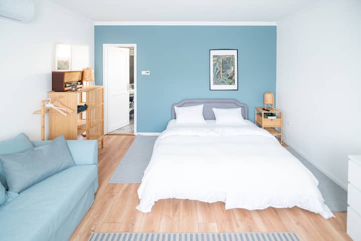 Habitación con cama matrimonial y sofá cama 
 sala familiar, incluso una cuna)