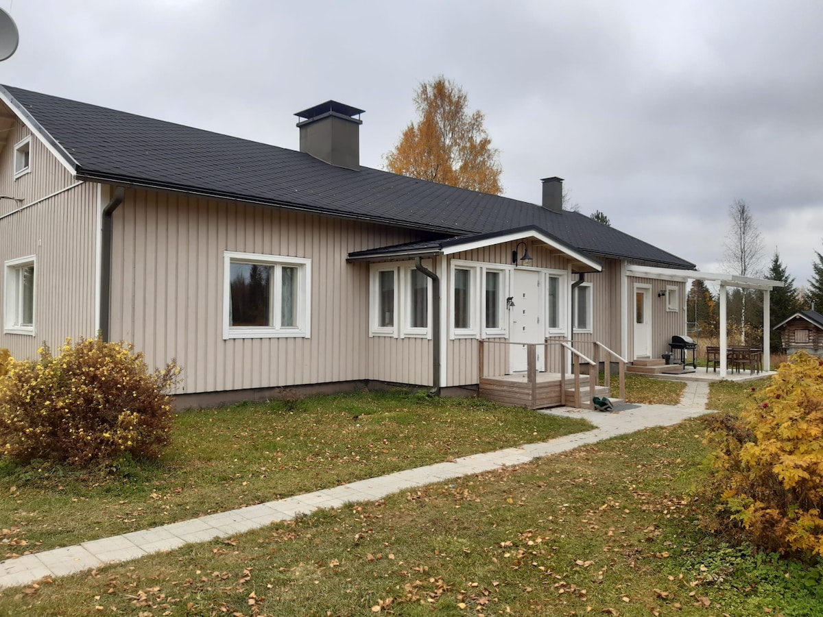 A single-story house is depicted, featuring a light-colored wooden exterior and a symmetrical design. Steps lead to the front entrance, which is flanked by large windows. A pathway runs through the landscaped yard, bordered by golden foliage and leading to a shaded area for outdoor seating.