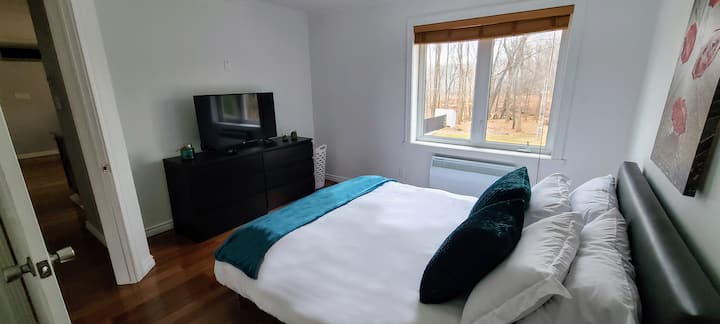 Chambre principale au 2e étage, lit Queen. La télévision dispose d'un appareil de streaming Roku+. Grand placard disponible pour des séjours plus longs.