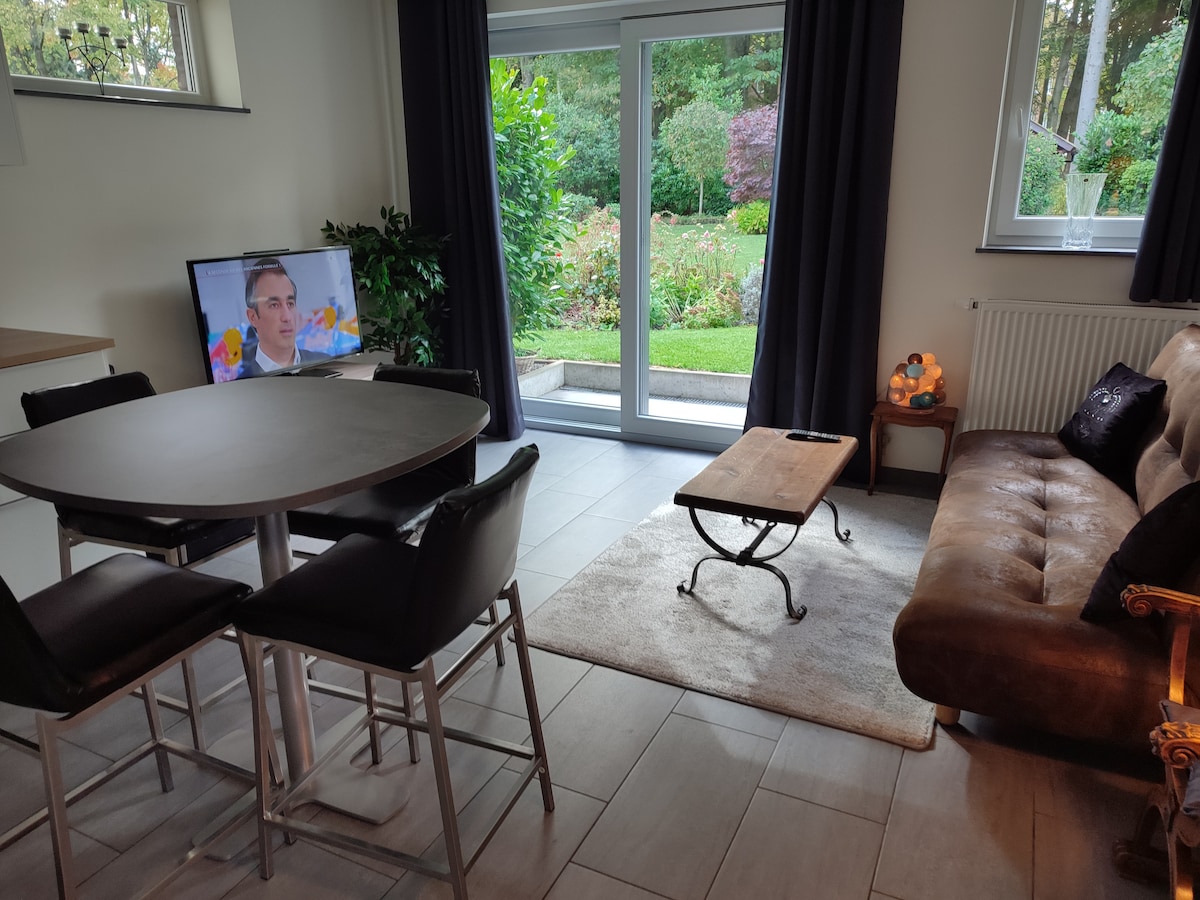 The living area features a leather sofa and a wooden coffee table placed on a soft rug. A dining table with four chairs and a television are positioned near wide glass doors, which offer a view of the garden outside.
