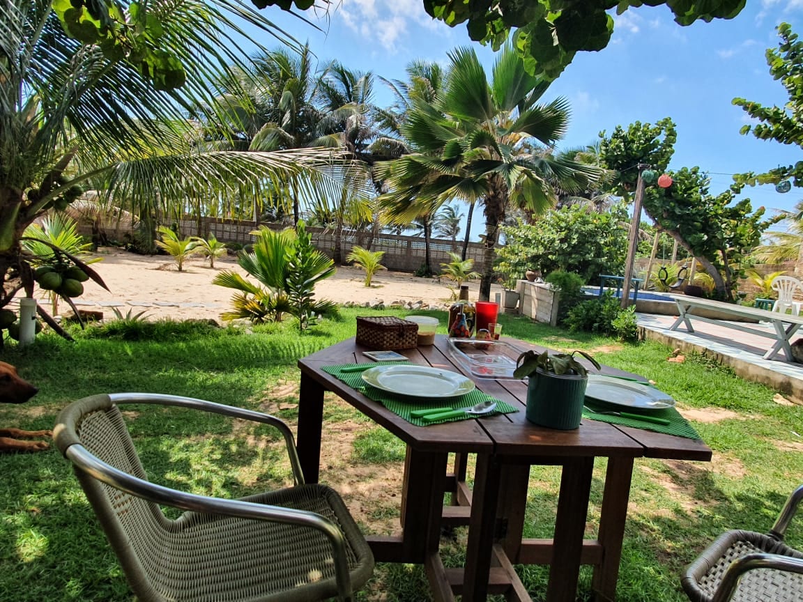 A shaded outdoor dining area is set with a wooden table and two chairs, surrounded by lush green grass and tropical plants. In the background, palm trees sway gently, adding to the serene garden atmosphere. Bright sunlight filters through the leaves, illuminating the space.