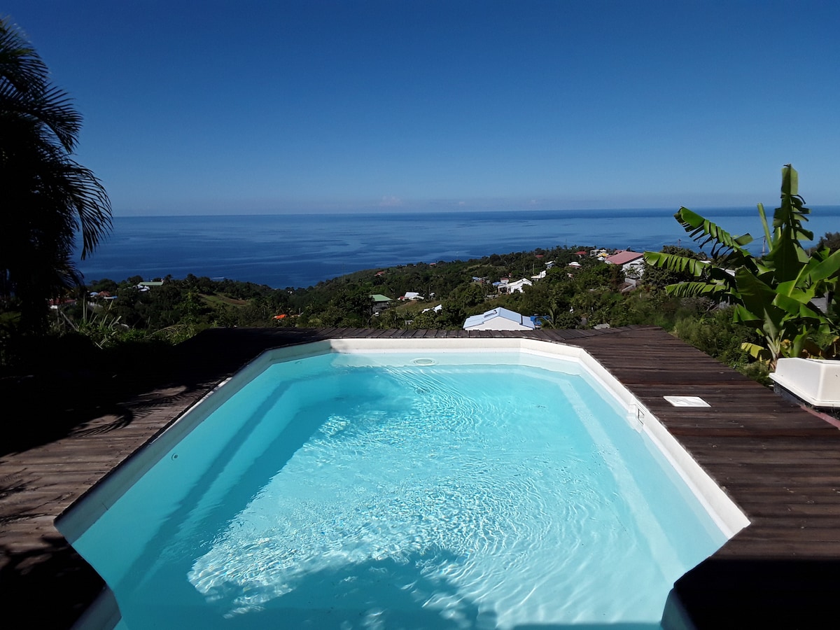 A private pool is situated on a wooden deck, offering clear blue water and a view over lush greenery towards the ocean. The expansive sky, with a few clouds, creates a serene setting, complementing the tranquil ambiance of the space.