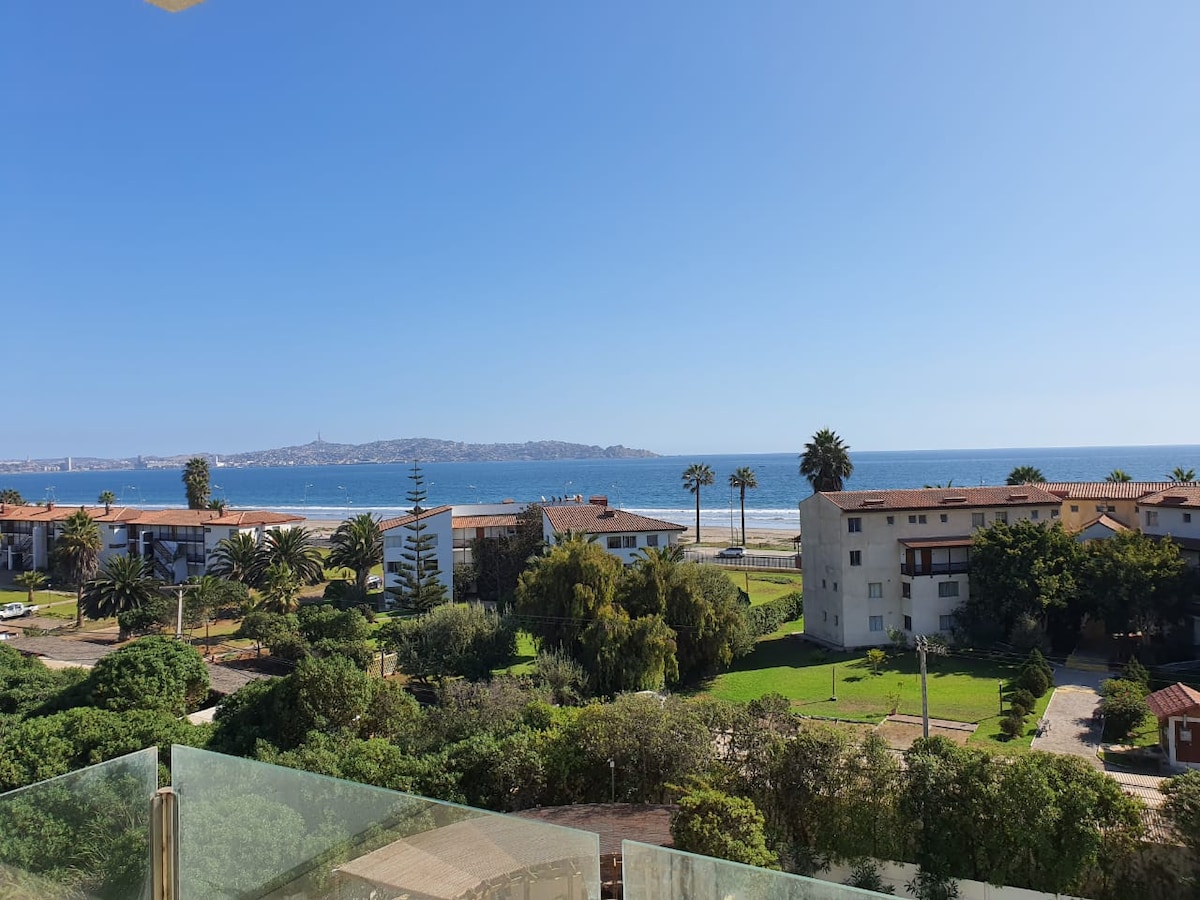 A panoramic view of the coastline is displayed, featuring the blue ocean and sandy beach. Palm trees line the waterfront, while nearby buildings are set among lush greenery. The clear sky enhances the serene atmosphere of the surrounding area.