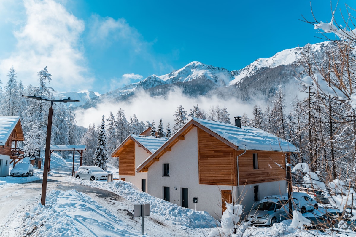 A modern chalet is depicted, nestled in a snowy landscape. Tall pine trees surround the property, while snow-capped mountains rise in the background. The structure features a warm wooden facade and a sloped roof, with clear skies above and a winding road leading to the entrance.