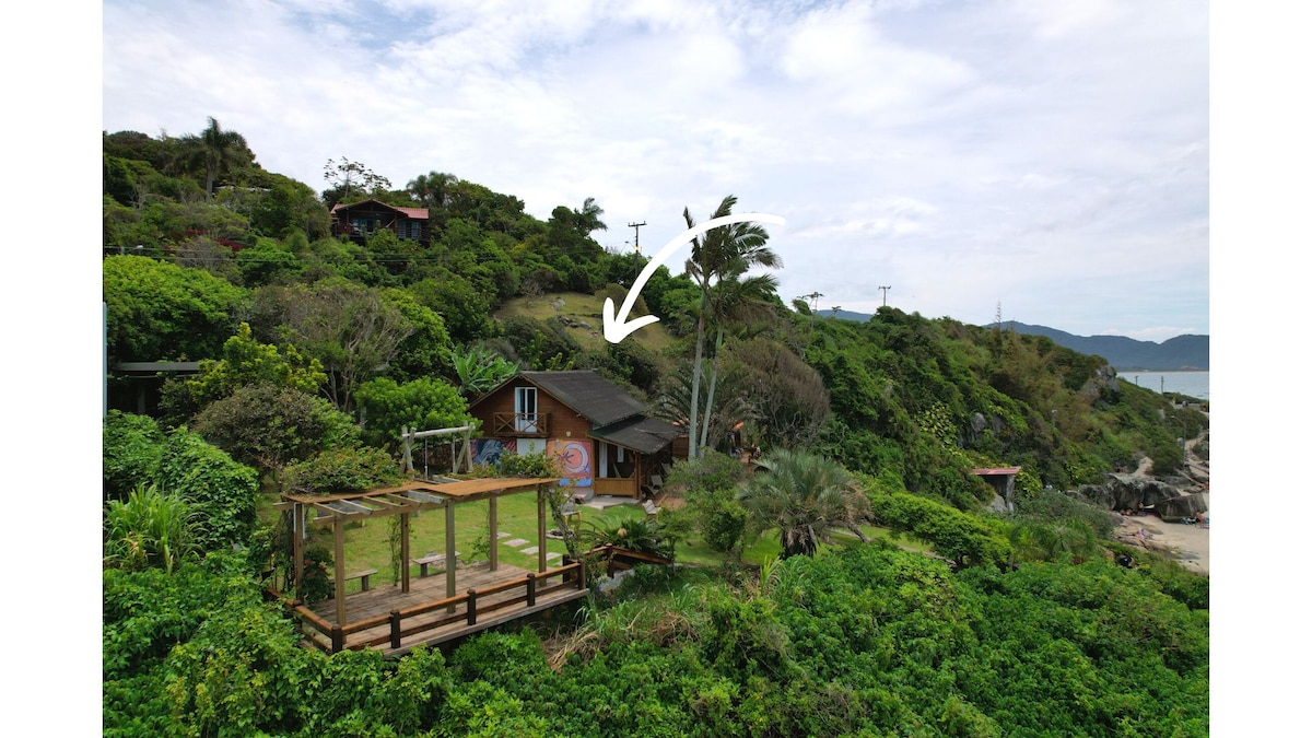 The image captures a scenic view of the wooden cabin nestled among lush greenery, showcasing a spacious deck area. Tall trees and diverse foliage surround the structure, emphasizing the cabin's secluded environment. The coastal landscape is visible in the background, hinting at proximity to the beach.