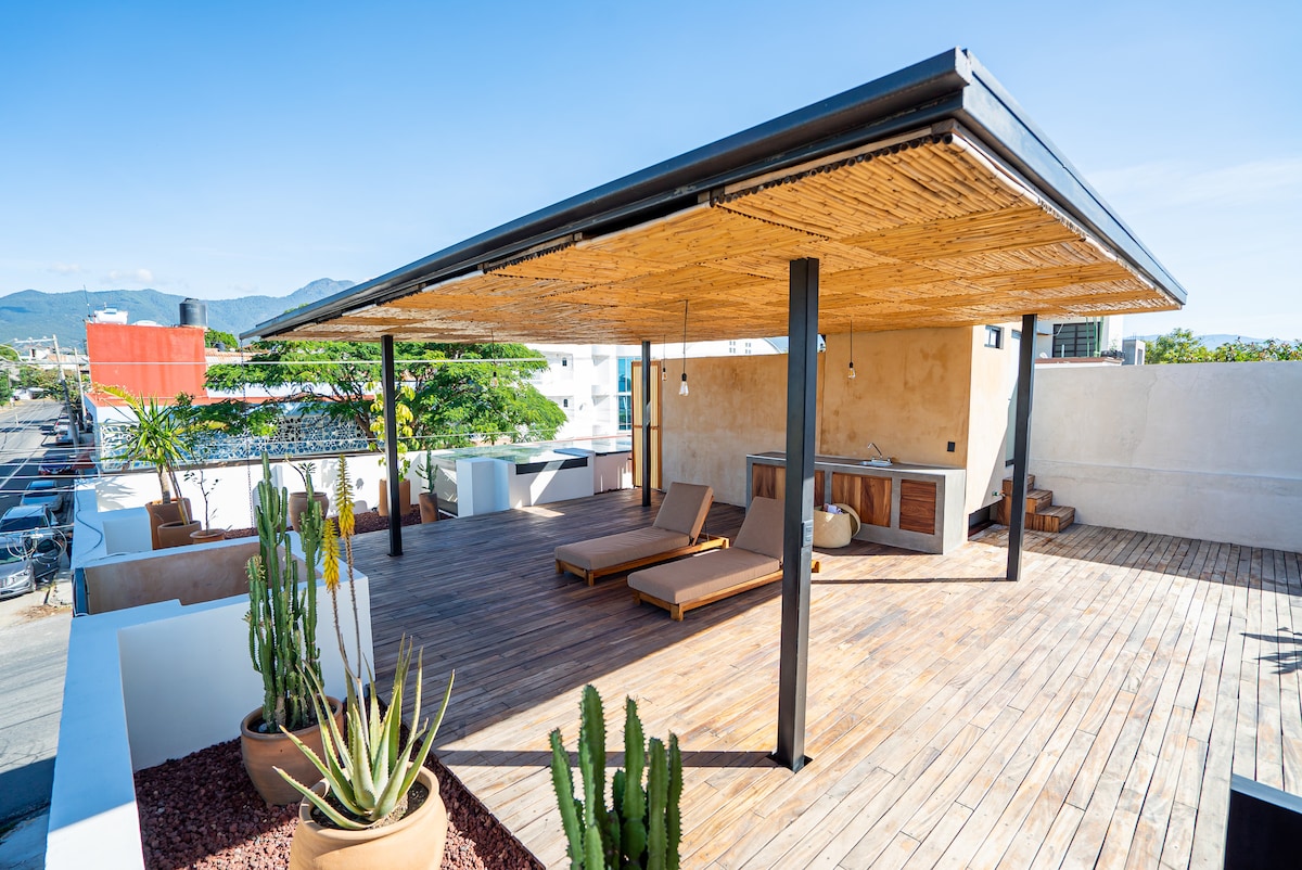 The rooftop features a spacious wooden deck adorned with lounge chairs, providing an area for relaxation. Potted plants, including cacti and succulents, are arranged around the space. A shaded pergola offers protection from the sun, enhancing the outdoor experience.