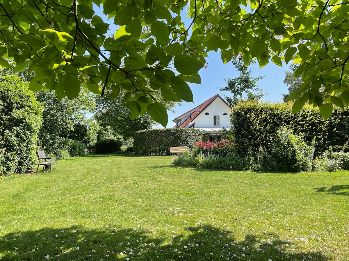 A lush green garden is framed by leafy trees, showcasing a well-maintained lawn. In the background, a charming white house with a red roof is partially visible, surrounded by dense hedges and blooming flowers. A wooden bench is placed in the foreground, inviting relaxation.