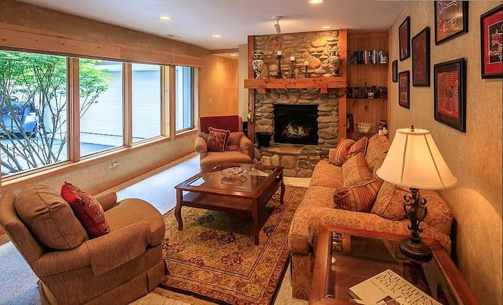 Downstairs family room with fireplace.