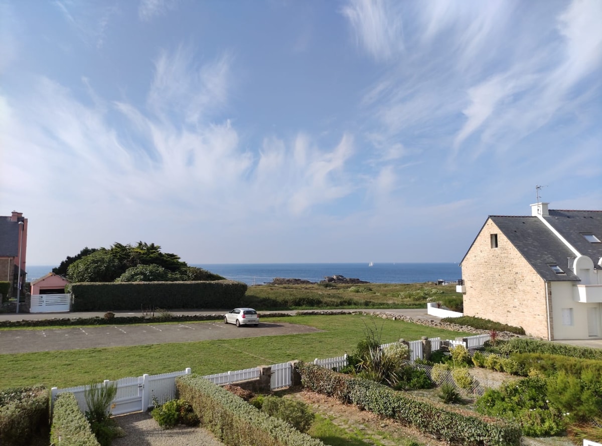 A view of the ocean is seen from the property, complemented by a clear blue sky with wispy clouds. The foreground features a green lawn, bordered by neatly trimmed hedges, and a private parking area can be noticed in the distance.