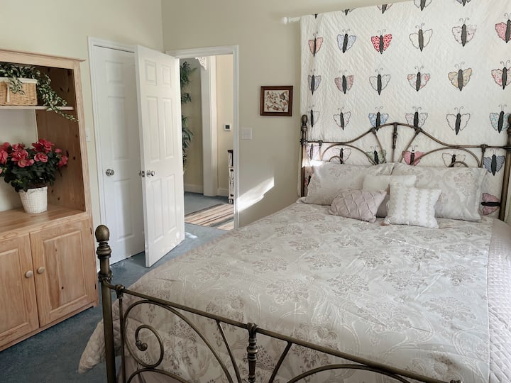 Downstairs guest room with queen-sized bed and jack and jill bathroom connected to sunroom
