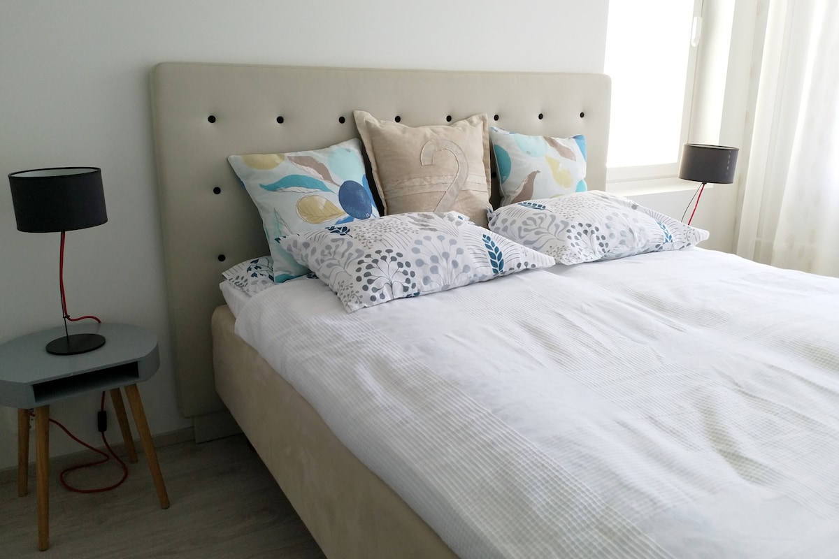 Საძინებელში არის ორადგილიანი საწოლი 2x80 სმ= 160 სმ სიგანით.